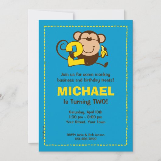 Little Monkey 2e Birthday Boy Custom Invitations Kaart (Voorkant)