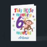 Little Monkey 6 maanden verjaardag Kaart<br><div class="desc">Een speciale 6 maanden verjaardagskaart! Deze vrolijke verjaardagskaart van een half jaar is voorzien van een schattig aapje, een aantal sterretjes en kleurrijke tekst. Een leuk ontwerp voor iemand die een half jaar oud zal zijn! Voeg de naam van het 6 maanden oude kind toe aan de voorkant van de...</div>