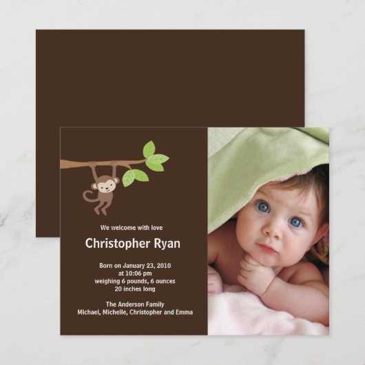 Little Monkey Baby Boy Birth Photo Announge Aankondiging (Voorkant / Achterkant)