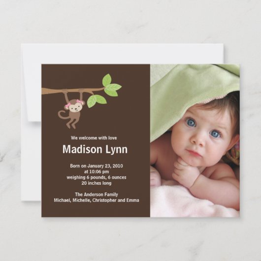 Little Monkey Baby Girl Birth Foto kondiging Kaart (Voorkant)