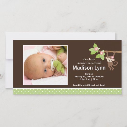 Little Monkey Baby Girl Fotoaankondiging Aankondiging (Voorkant)