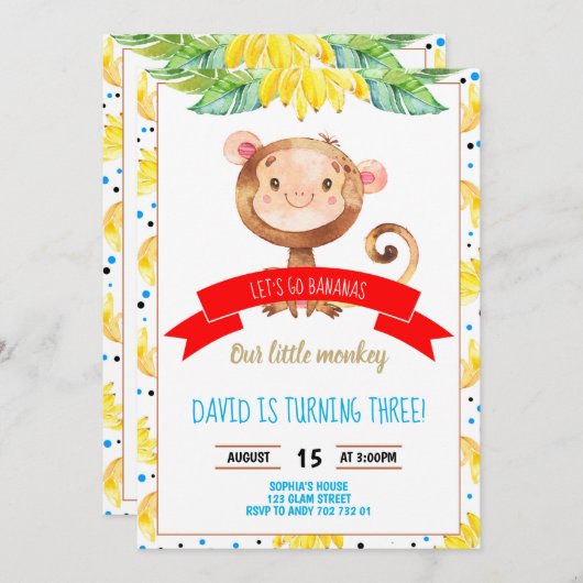 Little Monkey Bananas Oerwoud Boy Birthday Kaart (Voorkant / Achterkant)