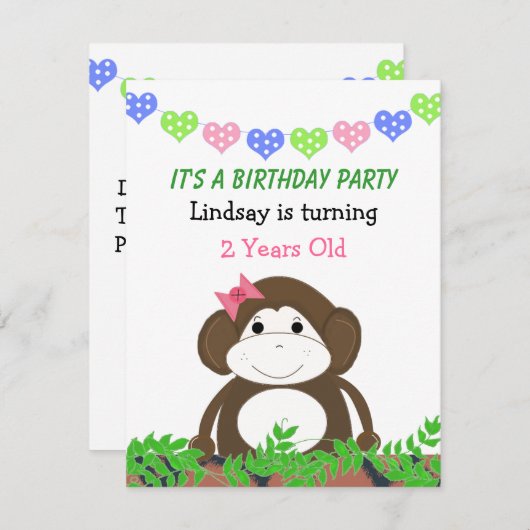Little Monkey Birthday Invitation Kaart (Voorkant / Achterkant)