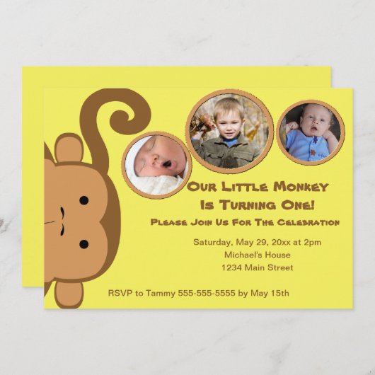 Little Monkey Birthday Party Invitation Kaart (Voorkant / Achterkant)