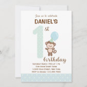 Little Monkey First Birthday Invitation (blauw) Kaart (Voorkant)