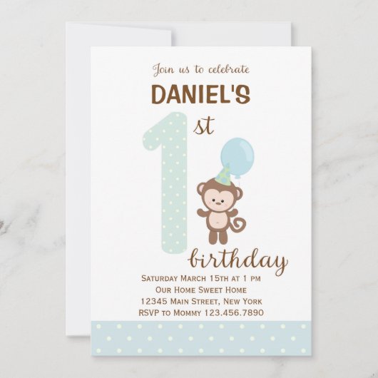 Little Monkey First Birthday Invitation (blauw) Kaart (Voorkant)