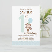 Little Monkey First Birthday Invitation (blauw) Kaart (Staand voorkant)