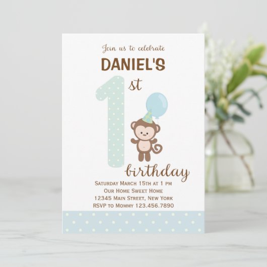 Little Monkey First Birthday Invitation (blauw) Kaart (Staand voorkant)