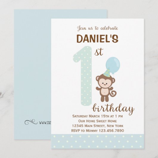 Little Monkey First Birthday Invitation (blauw) Kaart (Voorkant / Achterkant)