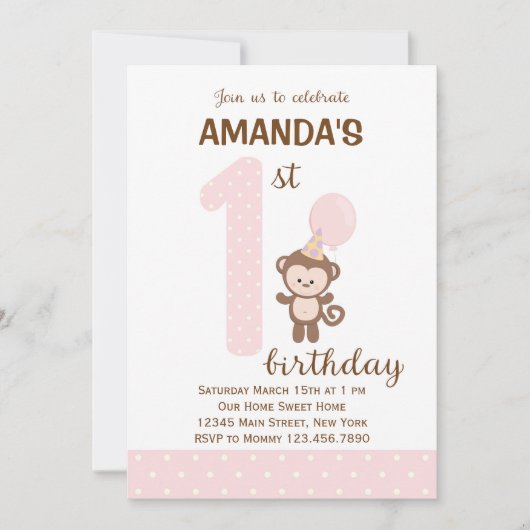 Little Monkey First Birthday Invitation (roze) Kaart (Voorkant)