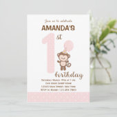 Little Monkey First Birthday Invitation (roze) Kaart (Staand voorkant)