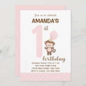 Little Monkey First Birthday Invitation (roze) Kaart (Voorkant / Achterkant)