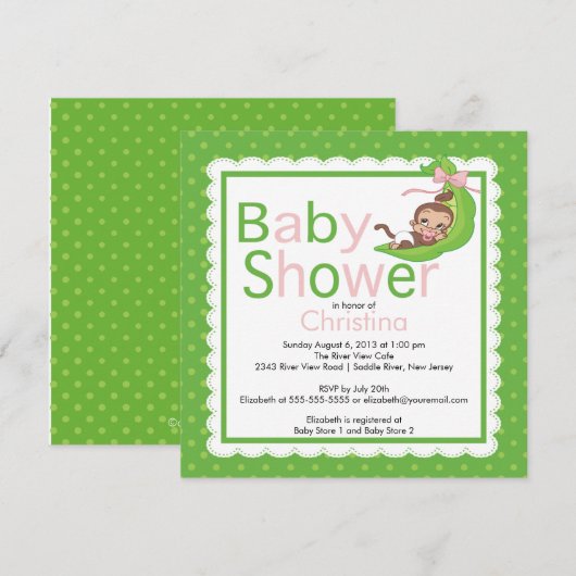 Little Monkey Pea Pod Baby Shower Invitations Kaart (Voorkant / Achterkant)
