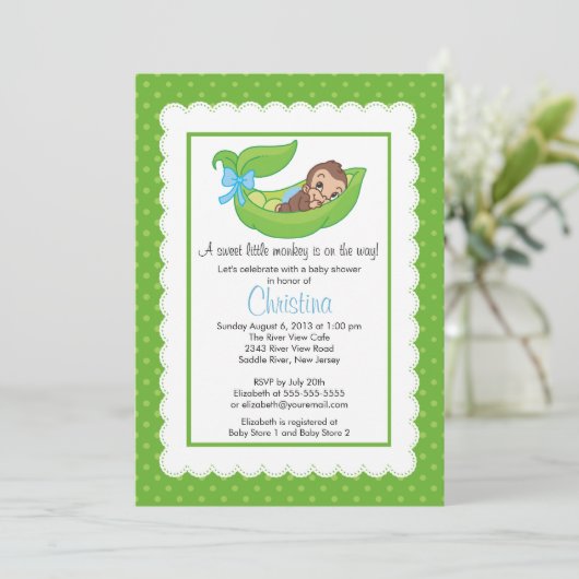 Little Monkey Pea Pod Baby Shower Invitations Kaart (Staand voorkant)