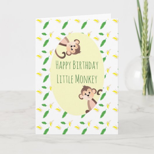 Little Monkey Tropical Leaf Banana Peels Birthday Kaart (Voorkant)