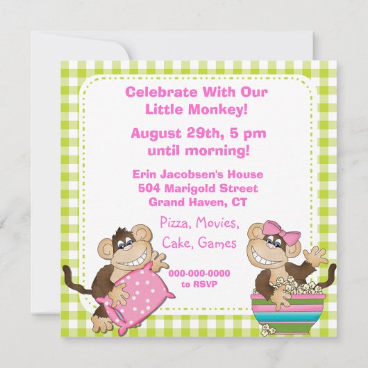 Little Monkeys Verjaardag Sleepover Invites Kaart (Achterkant)