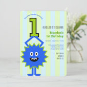 Little Monster 1e verjaardag Jongen Blauw Groen St Kaart (Staand voorkant)