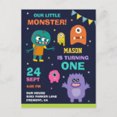 Little Monster 1e Verjaardagsfeestje Uitnodiging Briefkaart (Voorkant)