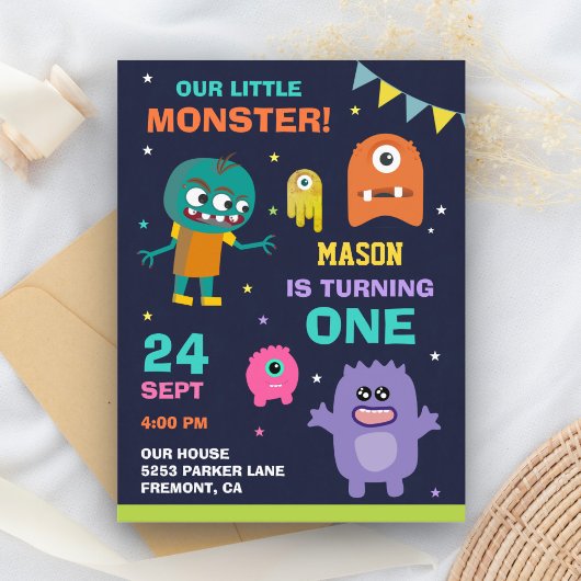 Little Monster 1e Verjaardagsfeestje Uitnodiging Briefkaart
