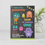 Little Monster 1e Verjaardagsfeestuitnodiging Kaart (Staand voorkant)