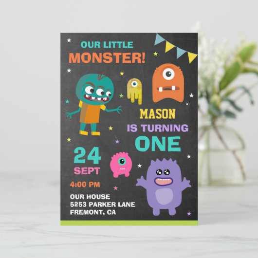 Little Monster 1e Verjaardagsfeestuitnodiging Kaart (Staand voorkant)
