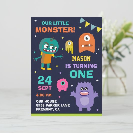 Little Monster 1e Verjaardagsfeestuitnodiging Kaart (Staand voorkant)