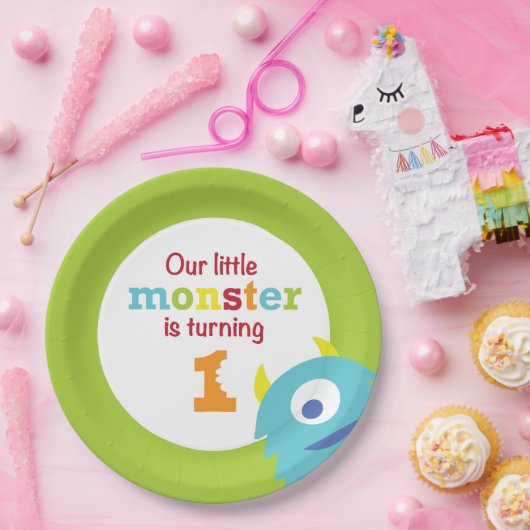 Little Monster 1st Birthday blue green Papieren Bordje (Feest)