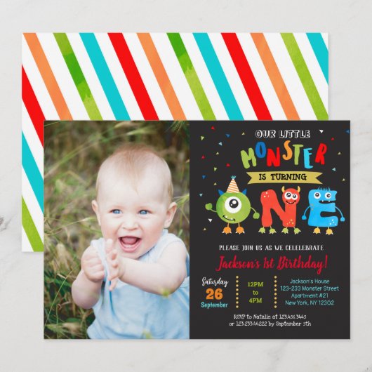 Little Monster 1st Birthday Party Invitations boy Kaart (Voorkant / Achterkant)