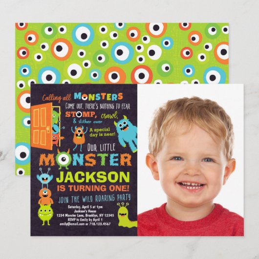 Little Monster 1st Birthday Photo Invitation Kaart (Voorkant / Achterkant)