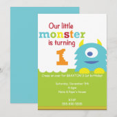 Little Monster 1st Birthday uitnodiging blauw groe (Voorkant / Achterkant)