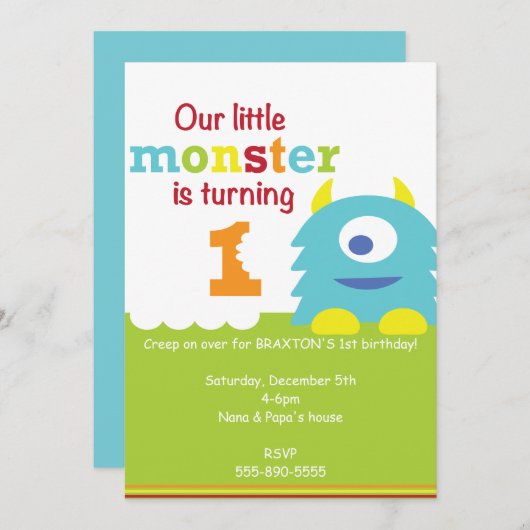 Little Monster 1st Birthday uitnodiging blauw groe (Voorkant / Achterkant)