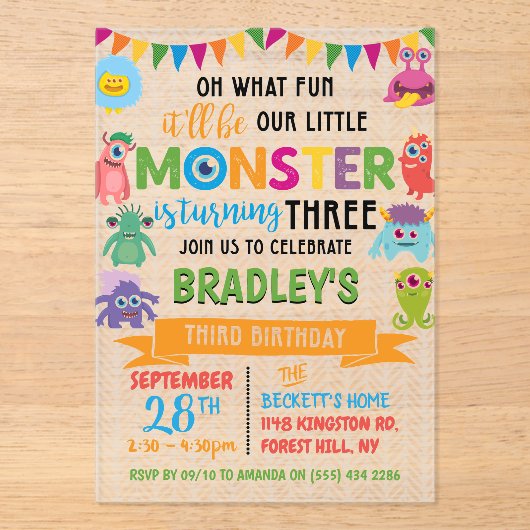 Little Monster 3rd Birthday Acryl Uitnodigingen (Voorkant)