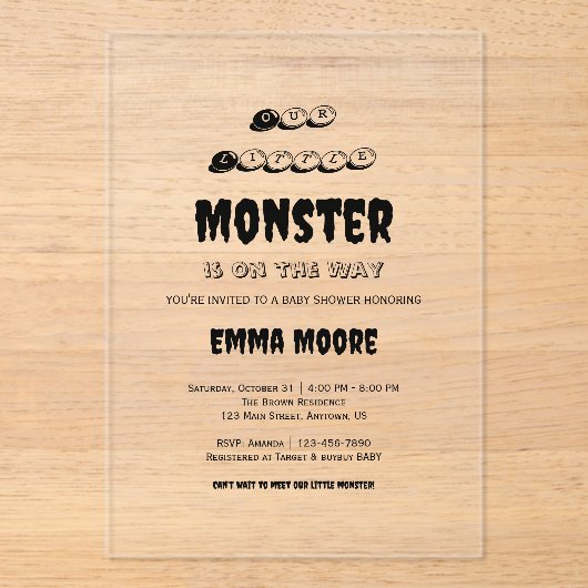 Little Monster Baby Shower Typography Design Acryl Uitnodigingen (Voorkant)