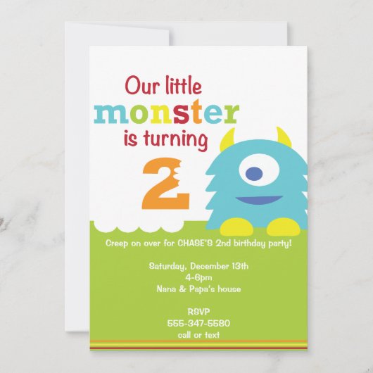 Little Monster Birthday Invitation - 2e verjaardag Kaart (Voorkant)