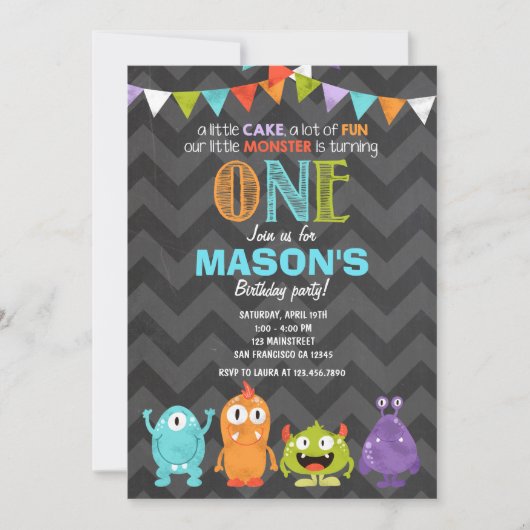 Little Monster Birthday Party Invitation Chalk Kaart (Voorkant)