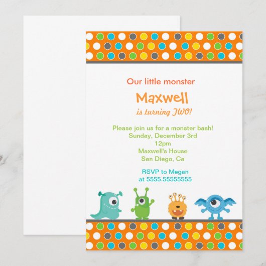 Little Monster Birthday Party Invitations Kaart (Voorkant / Achterkant)