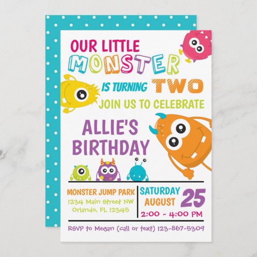 Little Monster Birthday Party Invite Kaart (Voorkant / Achterkant)