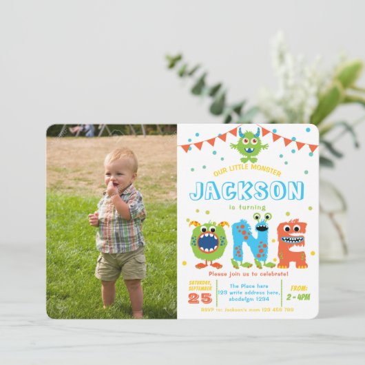 Little Monster-bord jongen 1 e verjaardag foto I Kaart (Staand voorkant)