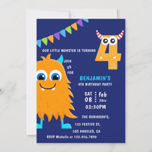 Little Monster Boy 4th Birthday Party Kaart (Voorkant)