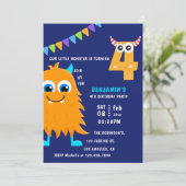 Little Monster Boy 4th Birthday Party Kaart (Staand voorkant)