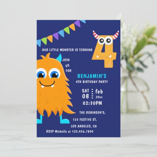 Little Monster Boy 4th Birthday Party Kaart (Staand voorkant)