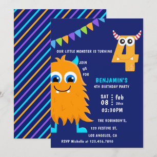 Little Monster Boy 4th Birthday Party Kaart