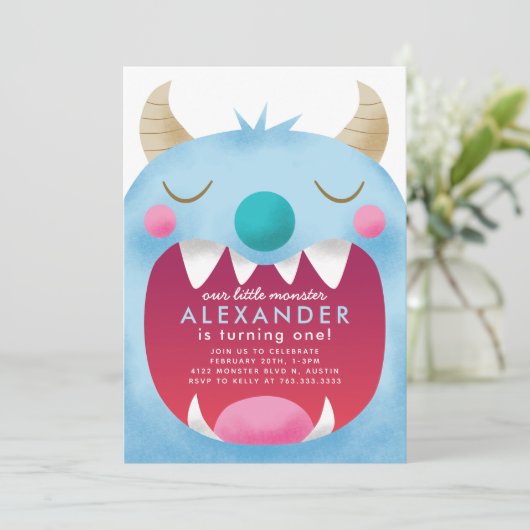 Little Monster Boys Birthday Party Blue Kaart (Staand voorkant)