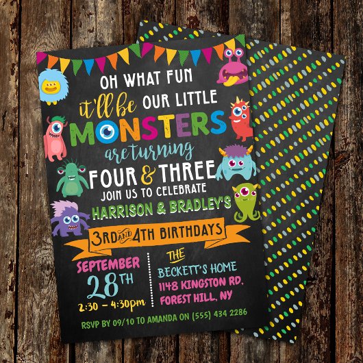 Little Monster Chalkboard 3rd & 4th Joint Birthday Kaart