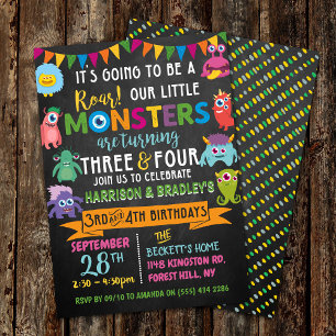 Little Monster Chalkboard 3rd & 4th Joint Birthday Kaart