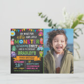 Little Monster Chalkboard 3rd Birthday Foto Kaart (Staand voorkant)