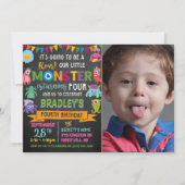 Little Monster Chalkboard 4th Birthday Foto Kaart (Voorkant)