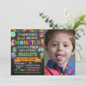 Little Monster Chalkboard 4th Birthday Foto Kaart (Staand voorkant)
