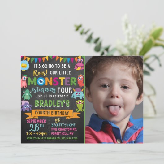 Little Monster Chalkboard 4th Birthday Foto Kaart (Staand voorkant)