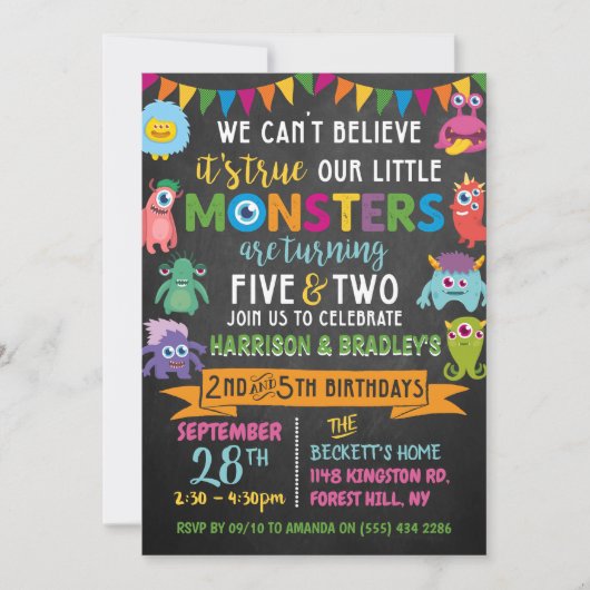 Little Monster Chalkboard 5th & 2nd Joint Birthday Kaart (Voorkant)